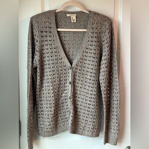 🤎 DKNY Jeans Crochet Knit Cardigan Sweater Taupe Brown Size L
